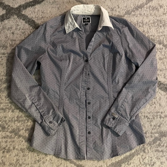 Express Button Down Collared Shirt Gray White Collar Black Polka Dots - Picture 1 of 4